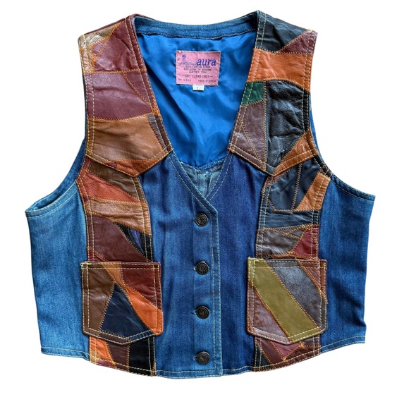 Vintage 70s Aura Rosemary Denim Leather Patchwork Vest & Flare Jeans Set L 32 - Picture 2 of 15